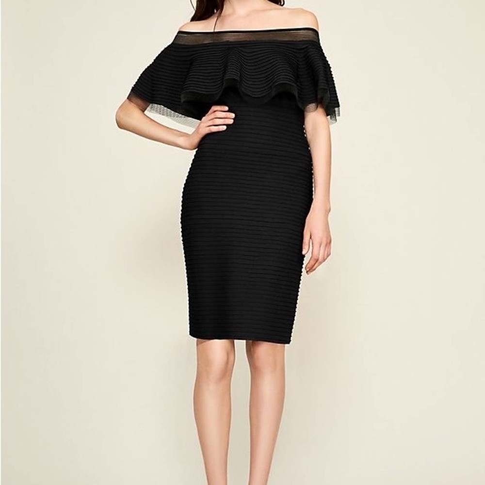 Tadashi Shoji Black Ruffle Off-the-Shoulder Pintuck Dress | Goth Chic | Size S